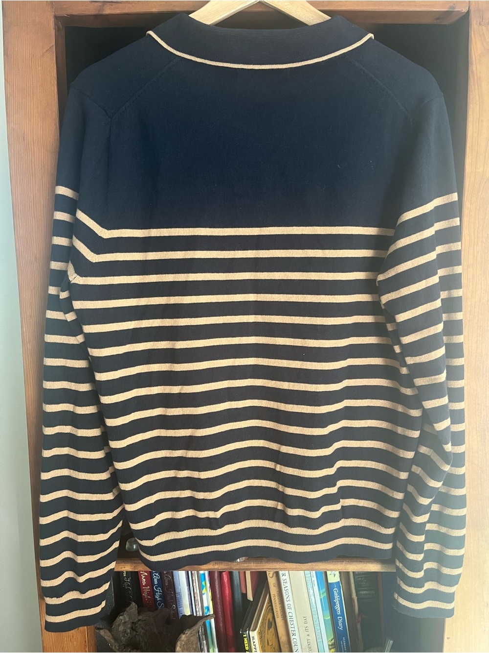 Boden NWT Liz Henley Navy and Tan Striped V‑Neck Polo Cotton Wool Blend Sweater - Picture 7 of 15